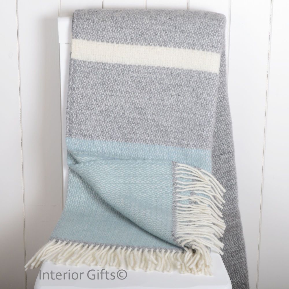 Tweedmill Duck Egg Blue & Grey Colour Band Pure New Wool Throw