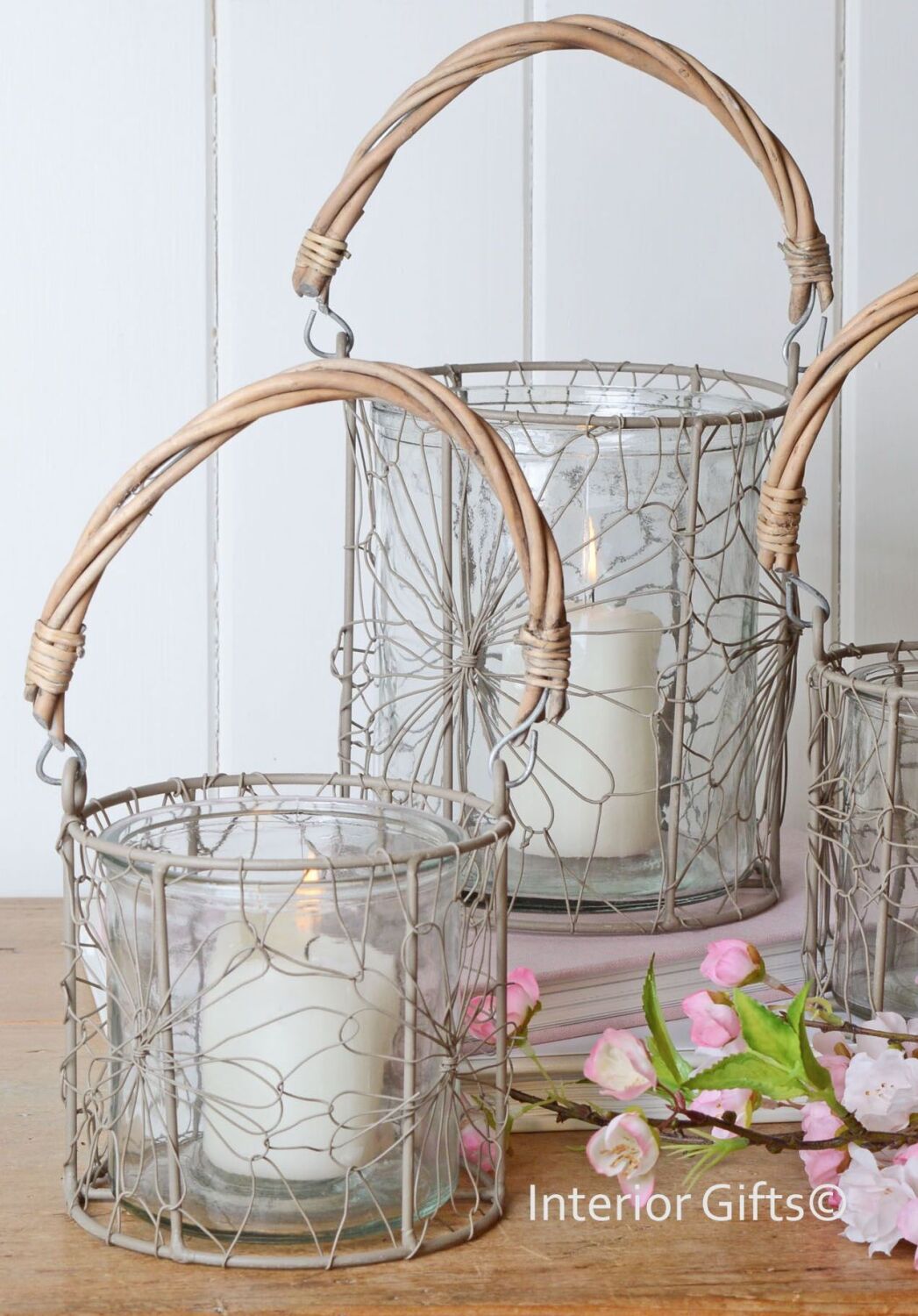 Set of Three Rustic Glass & Wire Decorative Lanterns with Natural Handle