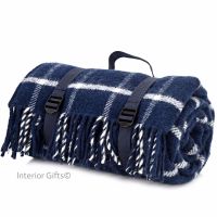 WATERPROOF Backed Wool Picnic Rug / Blanket in Classic Navy Check with Practical Carry Strap