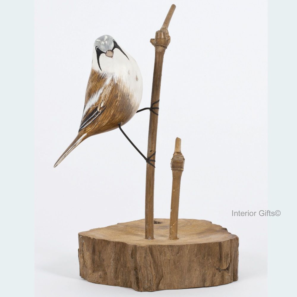 Archipelago Bearded Tit on Aged Natural Wooden Base, Bird Wood Carving