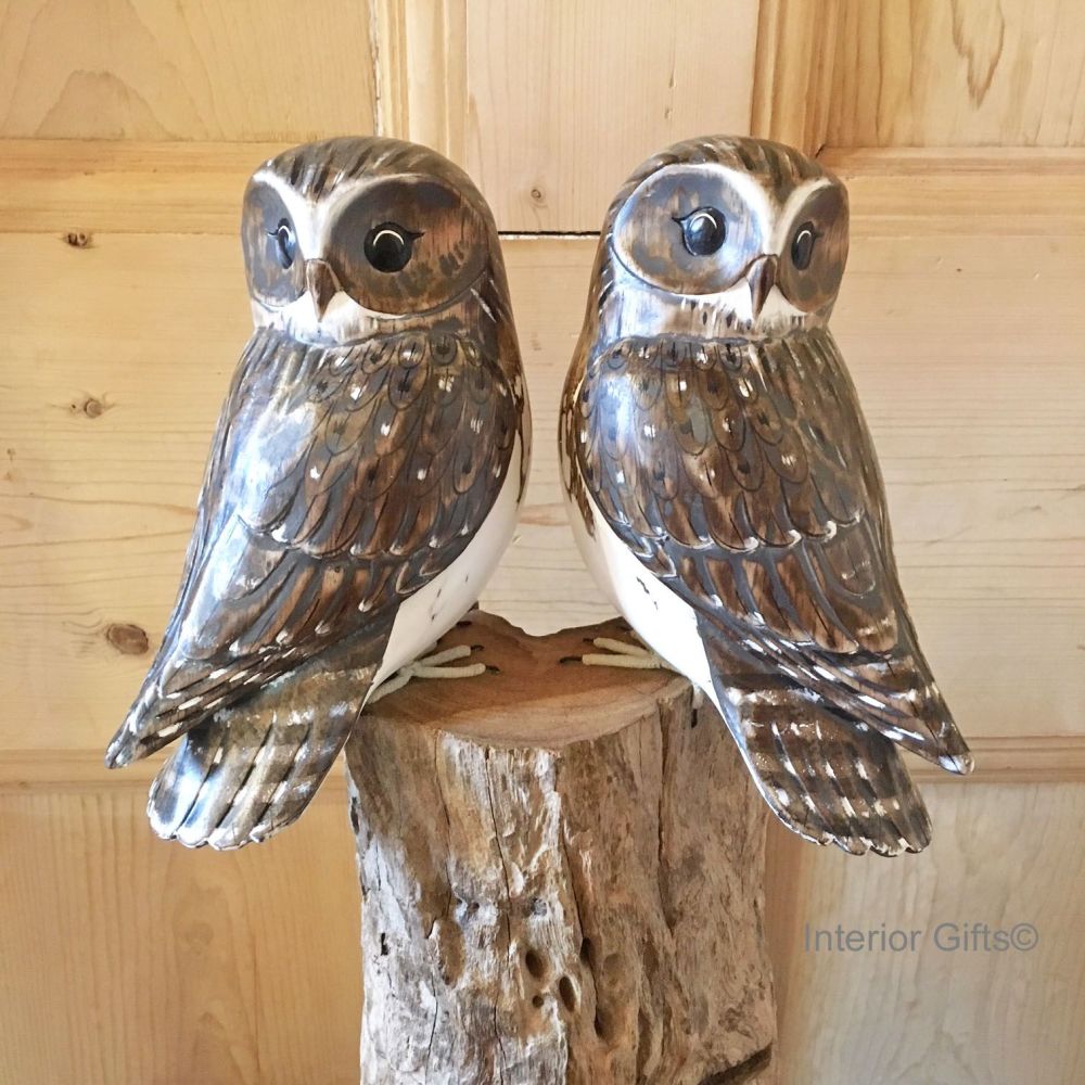 Archipelago Two Little Owls Bird Wood Carving - Large