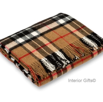 BRONTE by Moon Tartan Camel Thompson Check Throw in Supersoft Merino Lambswool