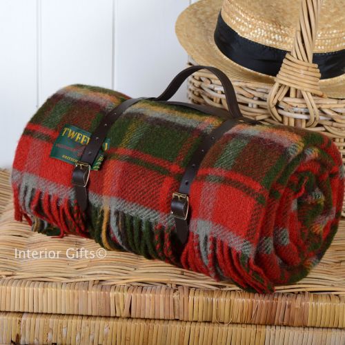 WATERPROOF Backed Wool Picnic Rug / Blanket in Dark Maple Check with Leathe