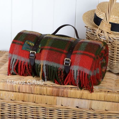 Wool Rolled Picnic Rug / Blanket in Dark Maple with Leather Carry Strap