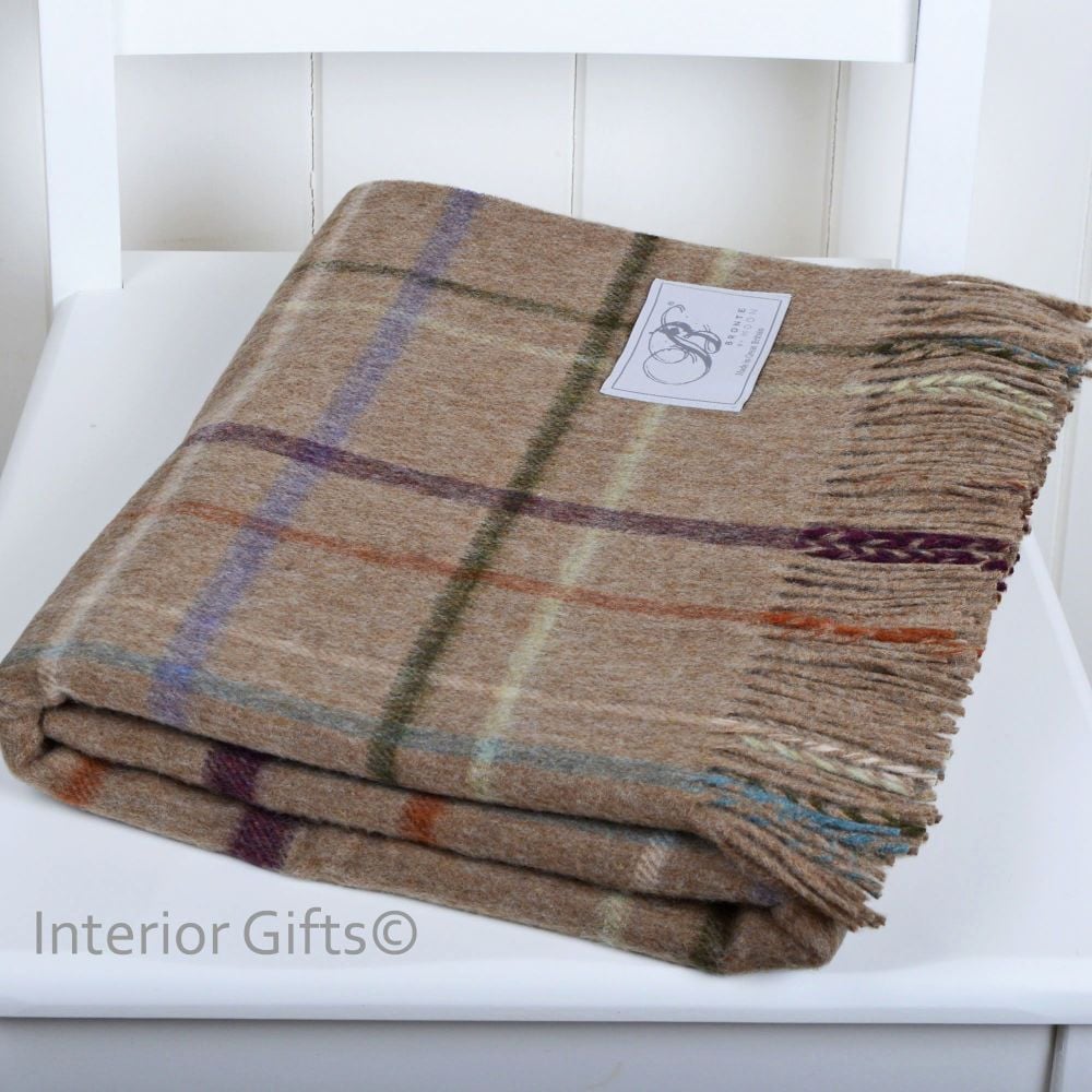 BRONTE by Moon Dark Beige Multi Check Windowpane Throw in supersoft Merino