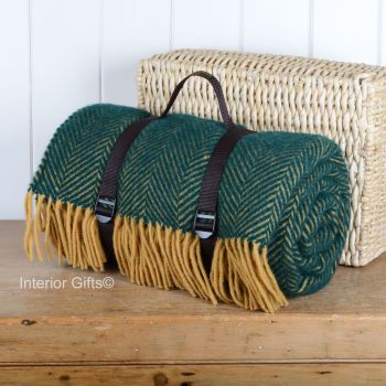 WATERPROOF Backed Wool Picnic Rug / Blanket in Herringbone Green & Lemon with Carry Strap