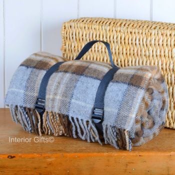 WATERPROOF Backed Wool Picnic Rug / Blanket in Country Silver Grey & Beige Check with Practical Carry Strap