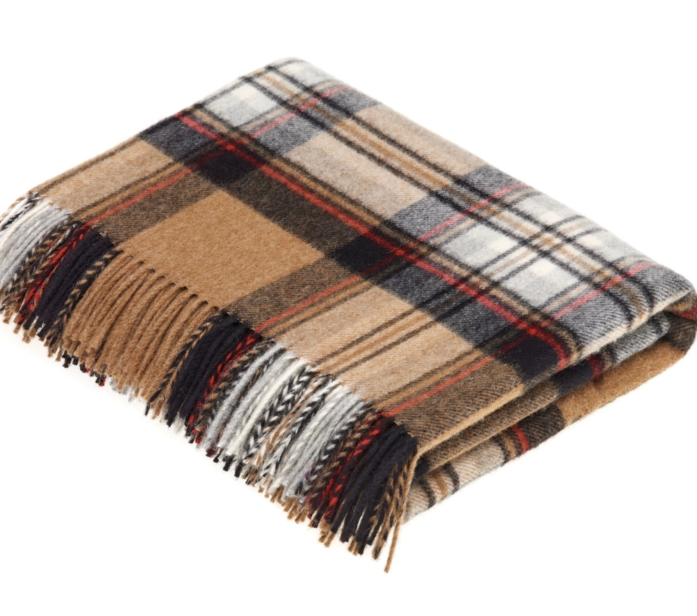 BRONTE by Moon Classic Camel Stewart Tartan Check Throw in Supersoft Merino