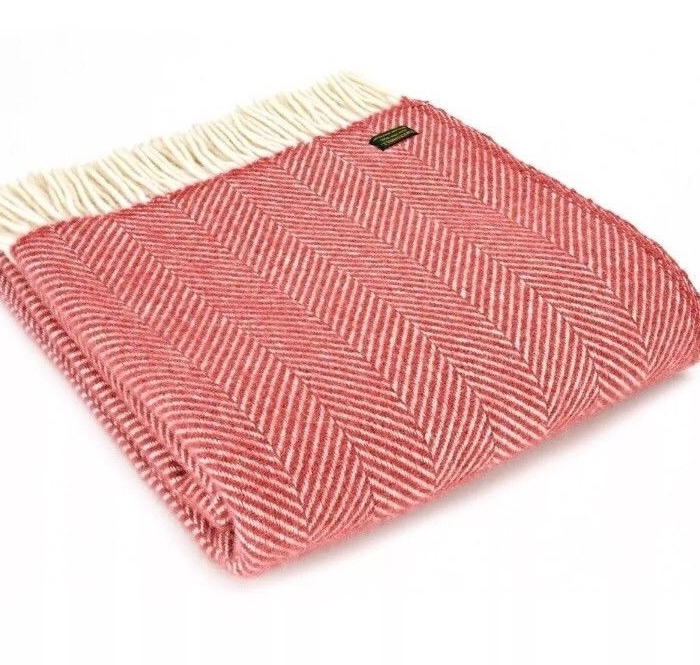 Tweedmill Cranberry Red & Cream Herringbone Pure New Wool Throw Blanket