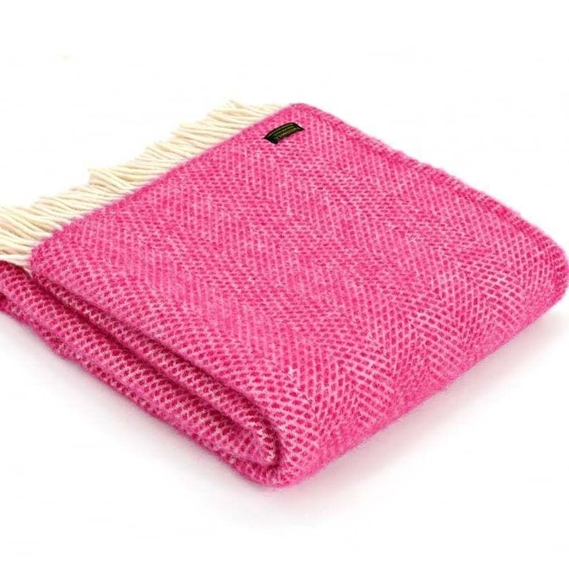 Tweedmill Cerise Pink & Cream Honeycomb Weave Pure New Wool Throw Blanket