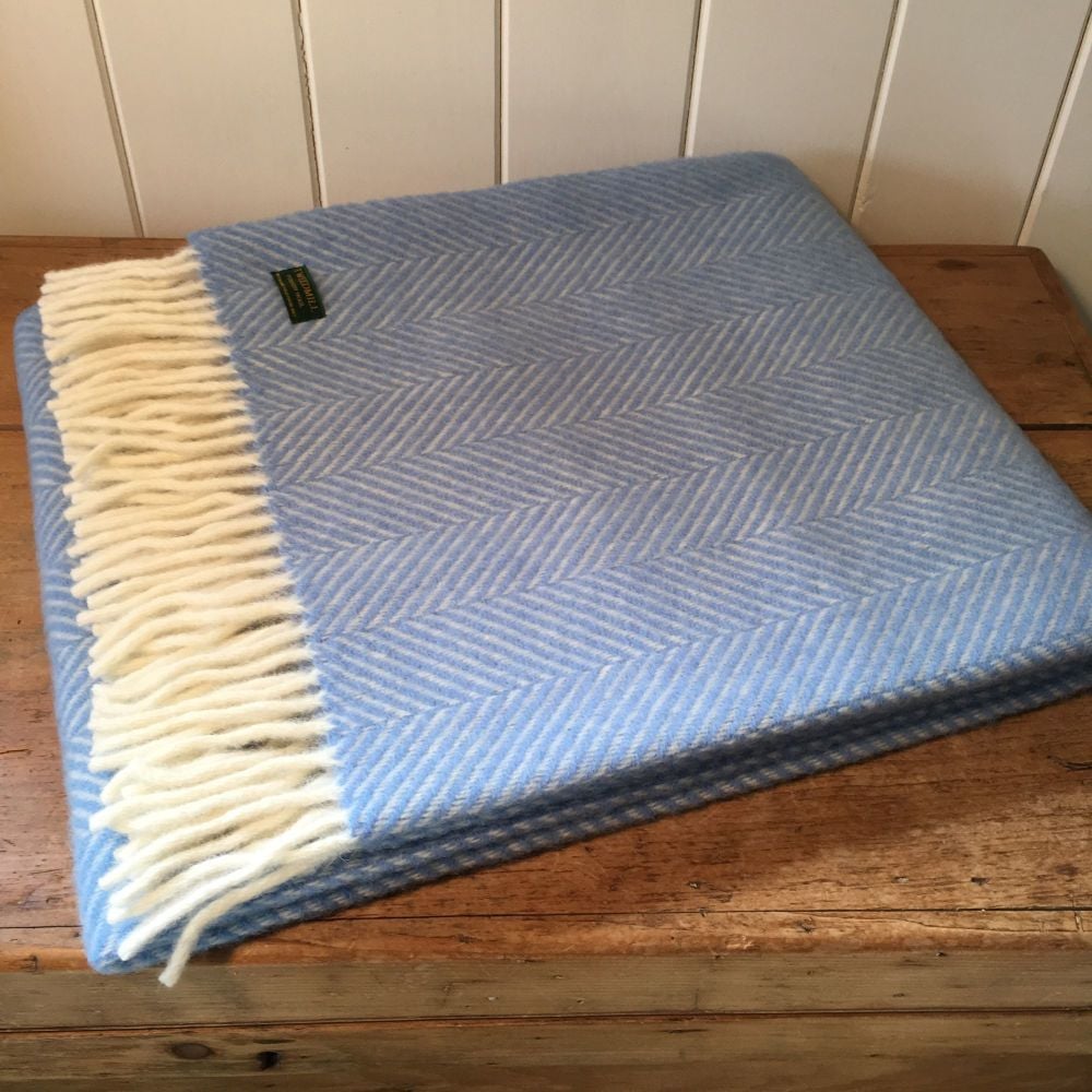 Tweedmill Sky Blue Herringbone Knee Rug or Small Blanket Throw Pure New Woo
