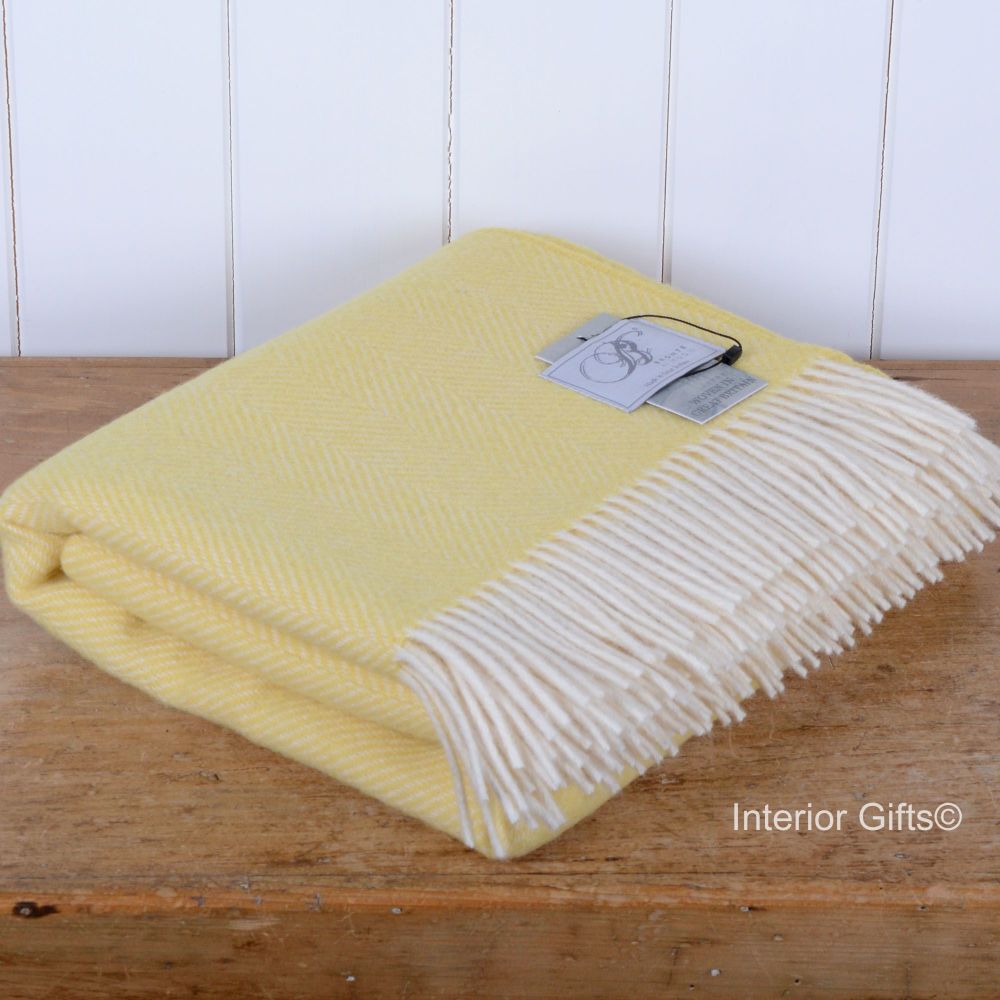 BRONTE by Moon Bright Lemon Yellow Herringbone Throw in 100% Pure New Wool