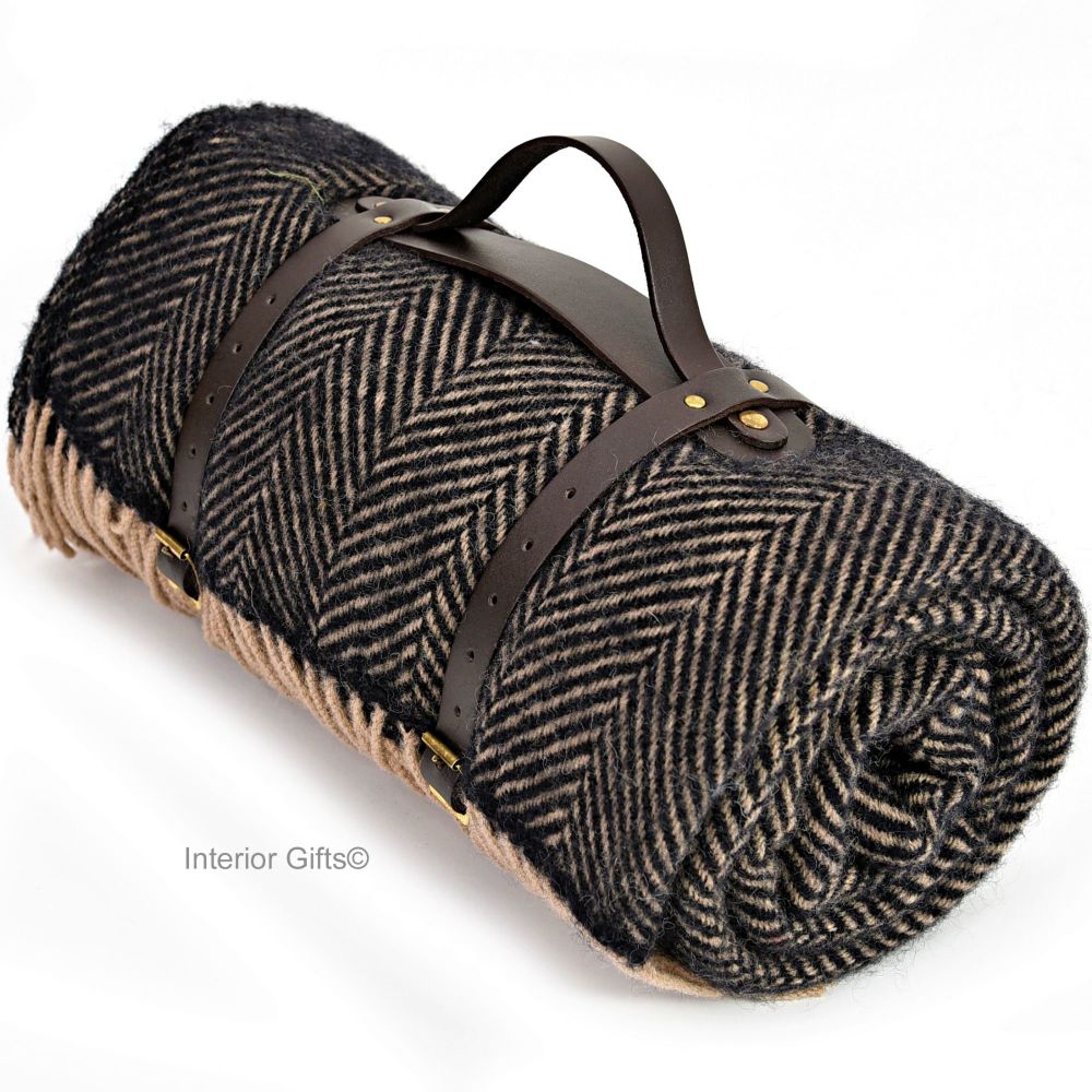 WATERPROOF Backed Wool Picnic Rug / Blanket in Charcoal Black & Beige Herri