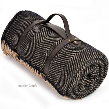 WATERPROOF Backed Wool Picnic Rug in Herringbone Charcoal Black & Beige Leather Carry Strap