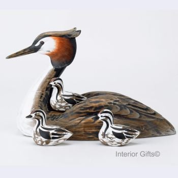 Archipelago Grebe and 3 Chicks Bird Wood Carving
