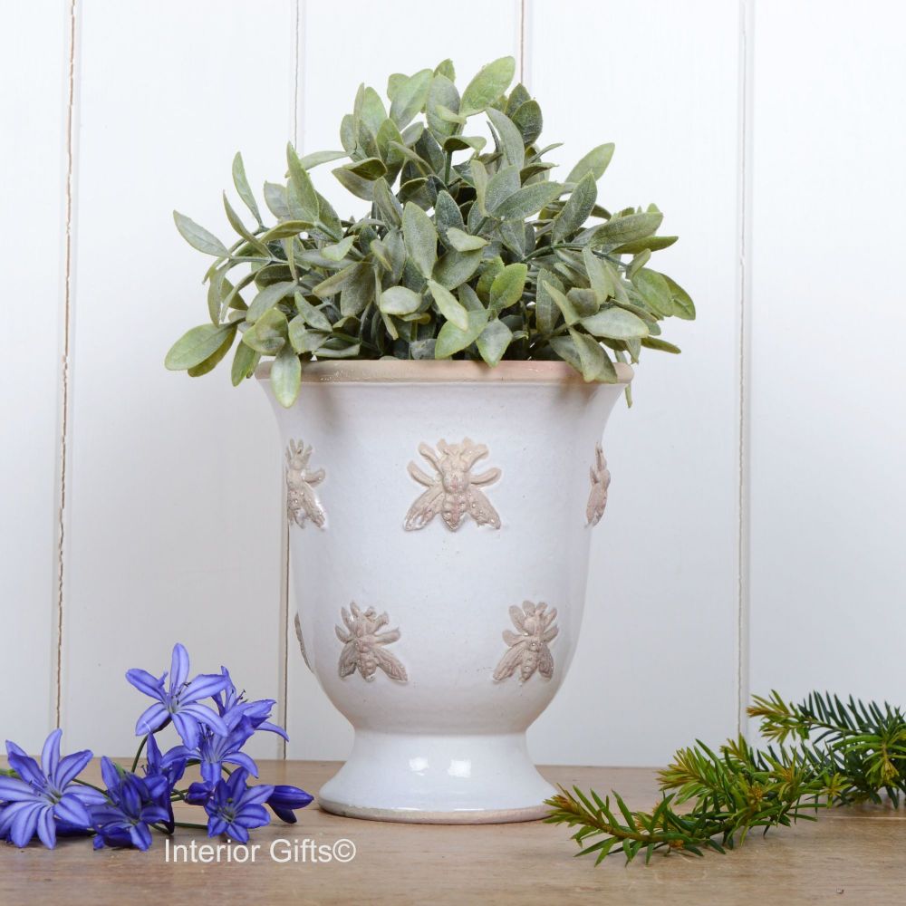 Rustic Bee Embossed Footed Pot Handmade in Antique/Chalk 