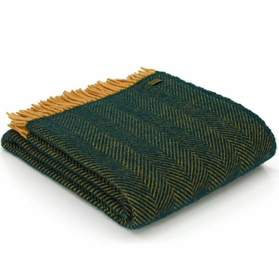 Tweedmill Emerald Green and Deep Lemon Herringbone Pure New Wool Throw Blan