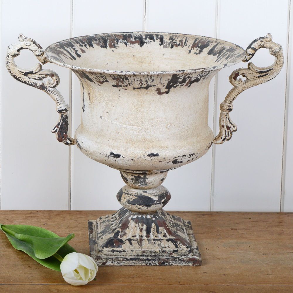 Rustic French Metal Urn Handles Ornate Fruit Bowl Shabby Chic Vase Planter w 
