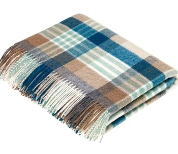 100/% Lambswool Melbourne or Prince of Wales Throw Blanket Aqua Camel Made in UK