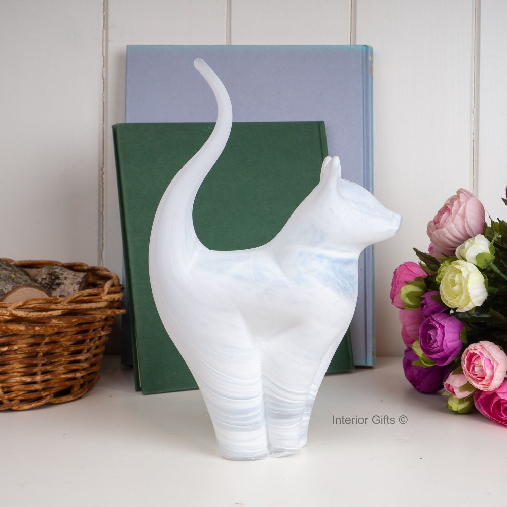 Glass White Frost Cat Sculpture Large - Handmade