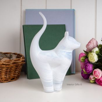 Glass Cat Sculpture White Frosted Large - Handmade