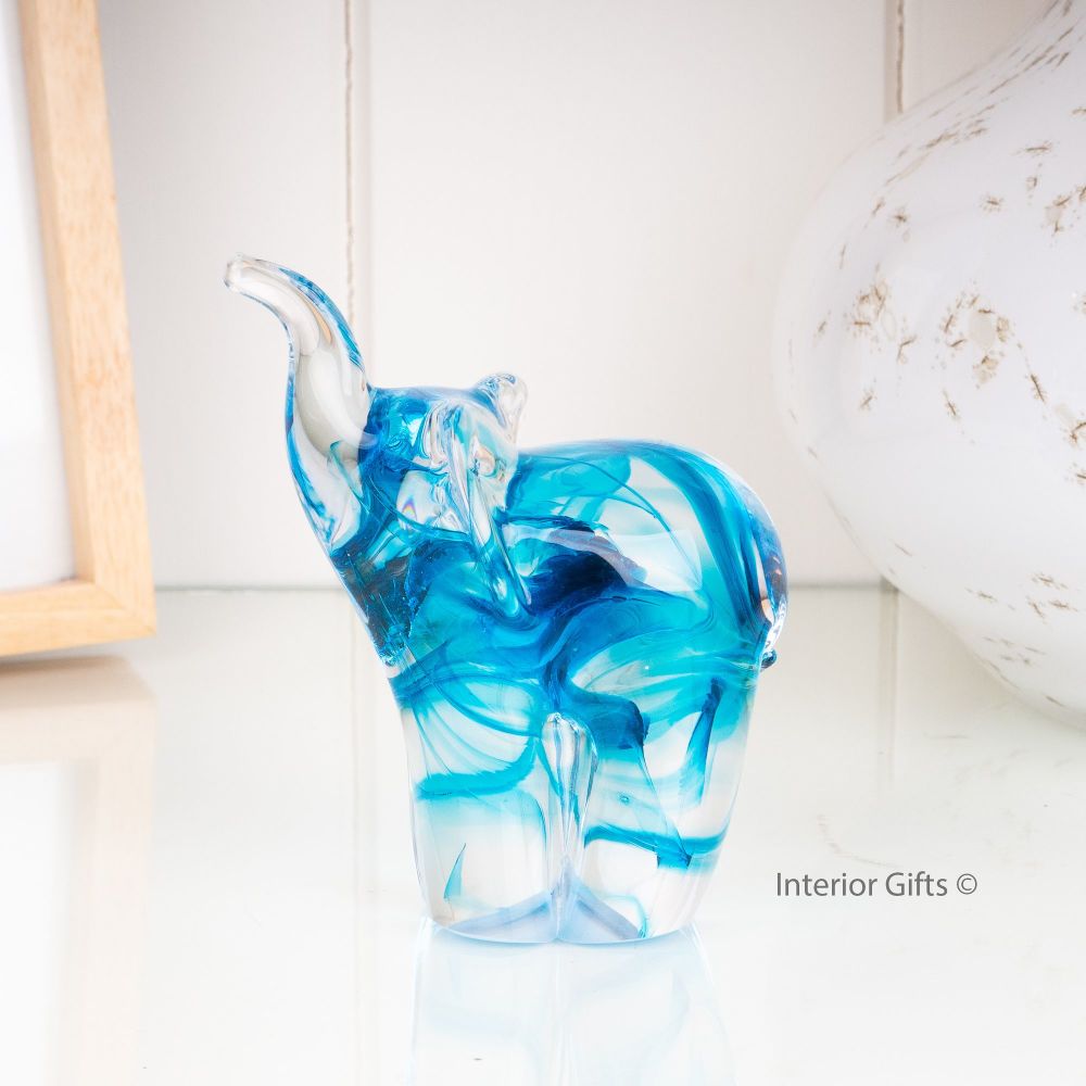 Glass Copper Blue Elephant Sculpture Small - Handmade