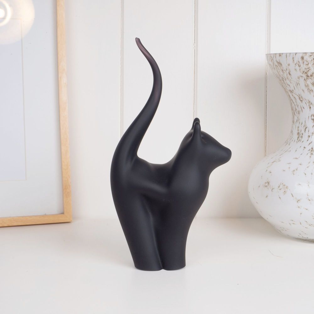 Glass Cat Sculpture Black Frosted Medium - Handmade