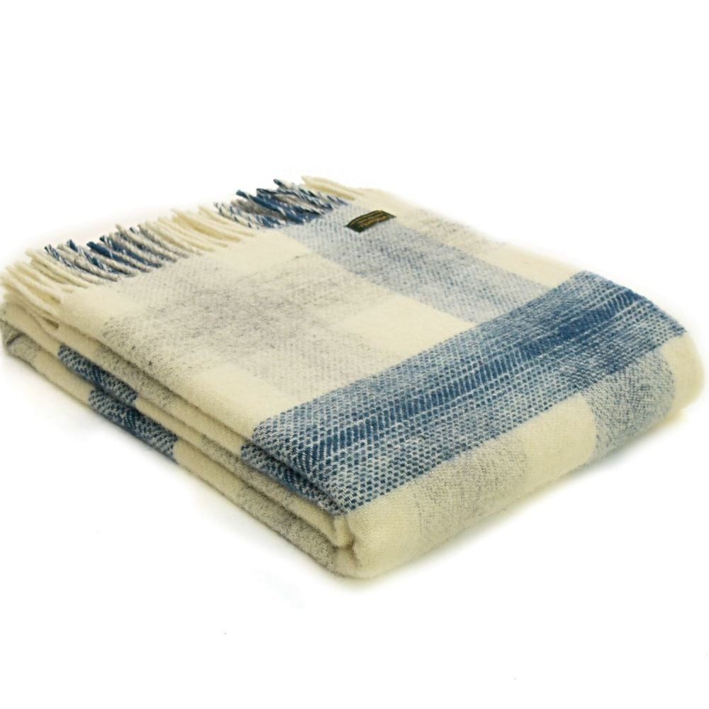 Tweedmill Meadow Check Ink Blue Pure New Wool Throw Blanket