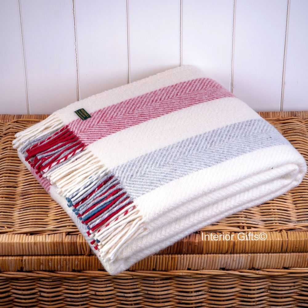 Tweedmill Herringbone Stripe Berry Cream Pure New Wool Throw Blanket