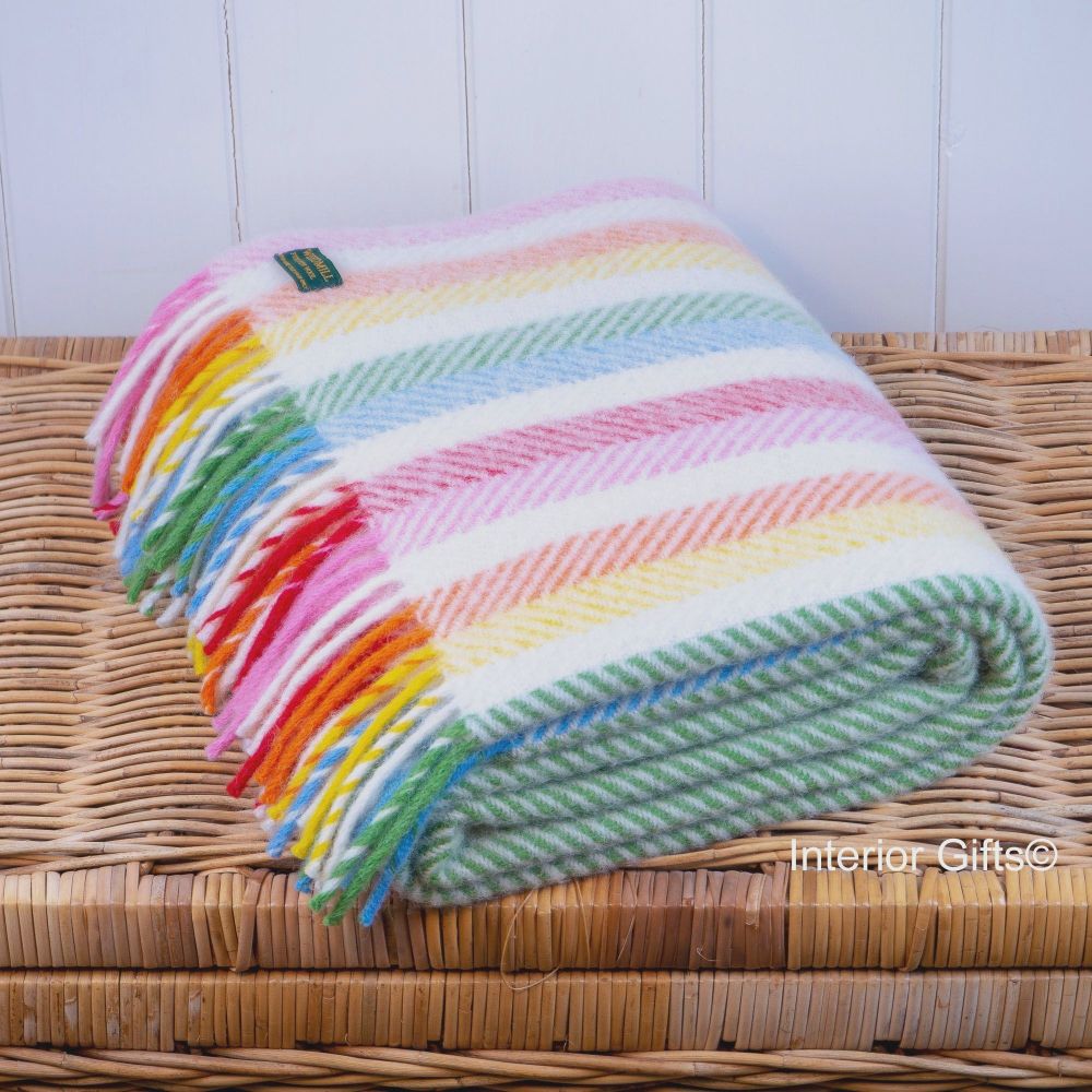 SMALL THROW RAINBOW GREY STRIPE Blanket Gift TWEEDMILL Pure New Wool  KNEE RUG 