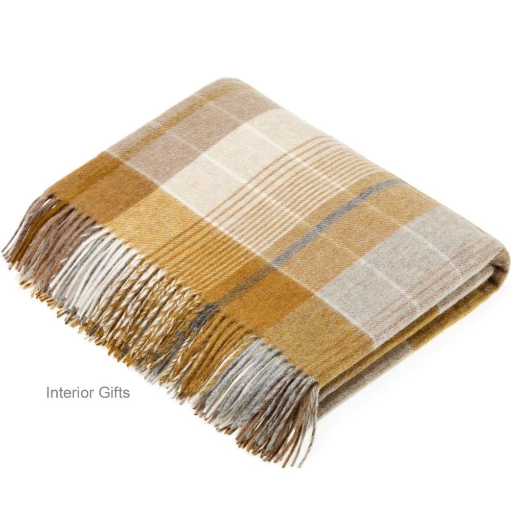 BRONTE by Moon Florence Gold Check Throw in Supersoft Merino Lambswool
