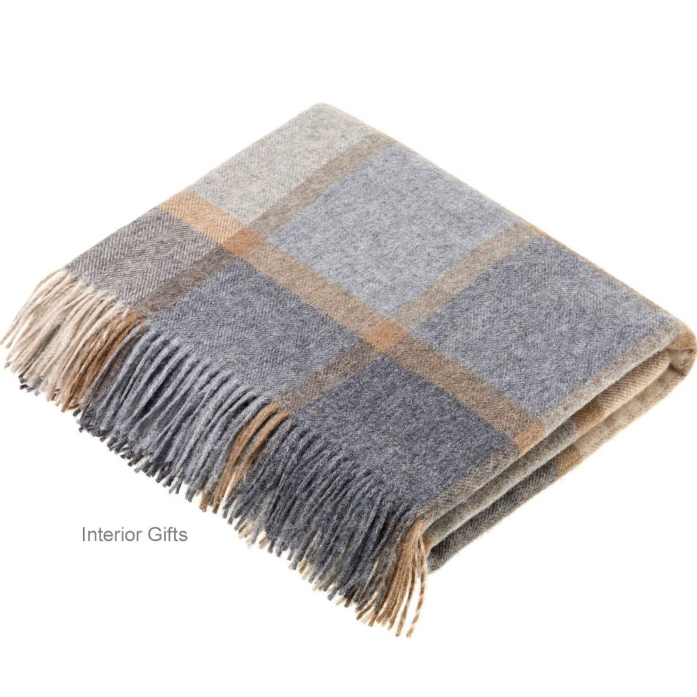 BRONTE by Moon Beige & Grey Square Check Windowpane Throw in Supersoft Meri
