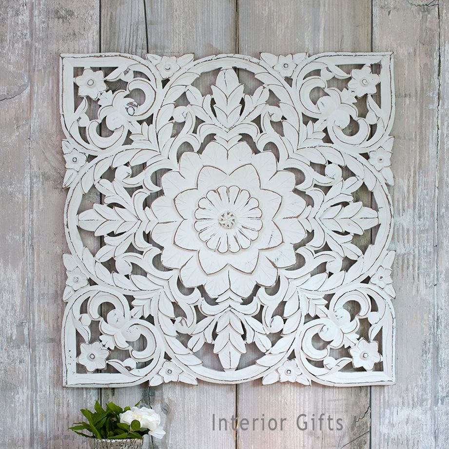 Hand Carved Decorative White Wooden Panel - Medium