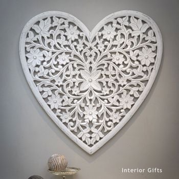 Hand Carved Decorative White Wooden Heart Panel