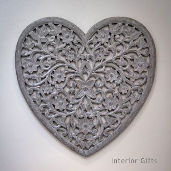 Hand Carved Decorative Grey Wooden Heart Panel