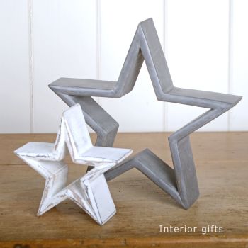 Two Decorative Rustic Wooden Standing Stars - Grey/White