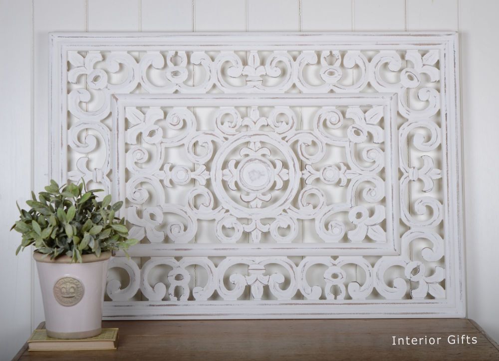White Rectangular Wooden Carved Wall Panel Retreat Home Hand Filigree Art Shabby Chic Distressed Wood Finish - Rectangular Wall Art Panels
