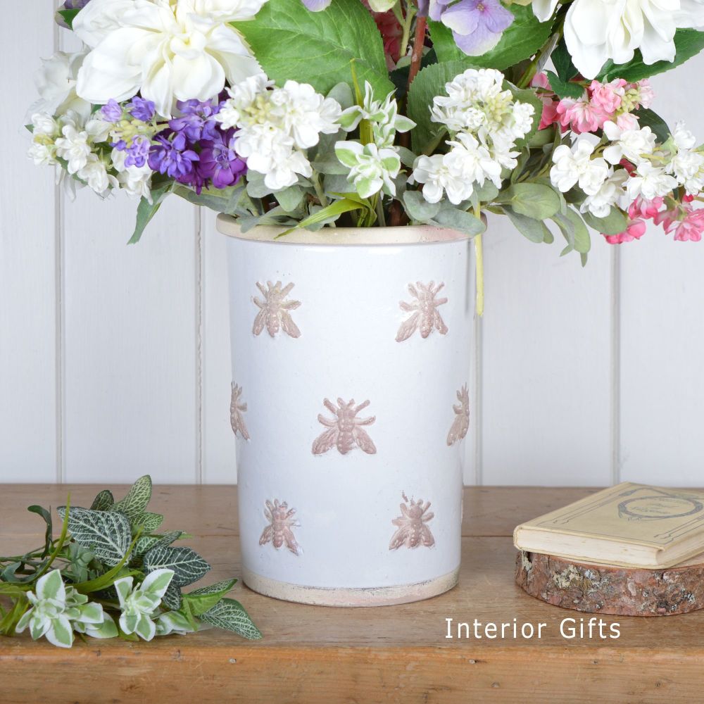 Rustic Bee Embossed Florist Flower Vase/Pot Handmade in Antique/Chalk 