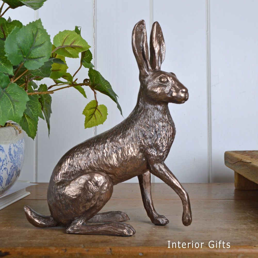 Holly Sitting Hare Paw Raised Cold Cast Bronze Sculpture by Harriet Glen