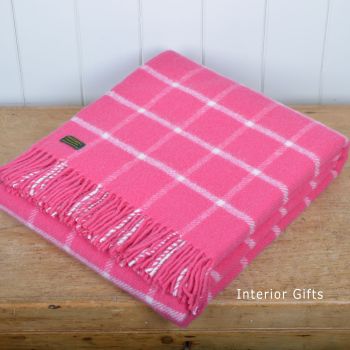Tweedmill Cerise Pink Classic Check Windowpane Pure New Wool Throw Blanket