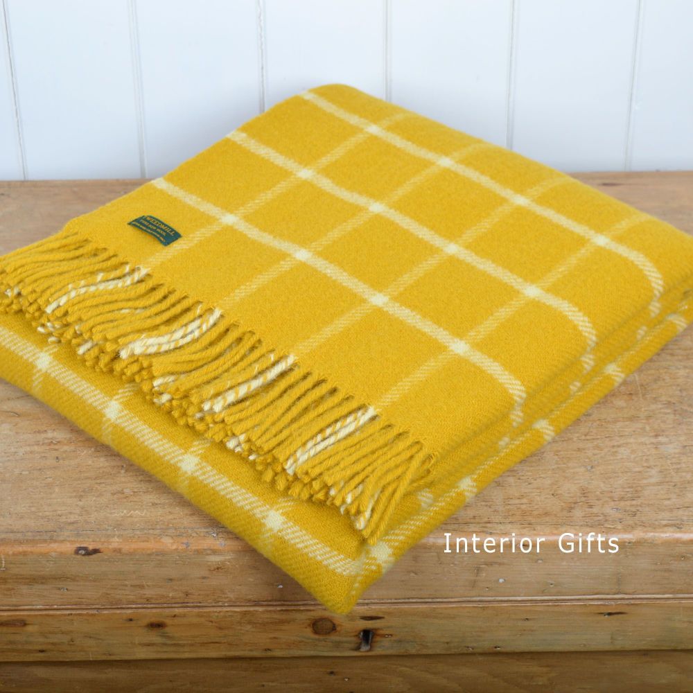 Tweedmill Yellow Classic Check Windowpane Pure New Wool Throw Blanket