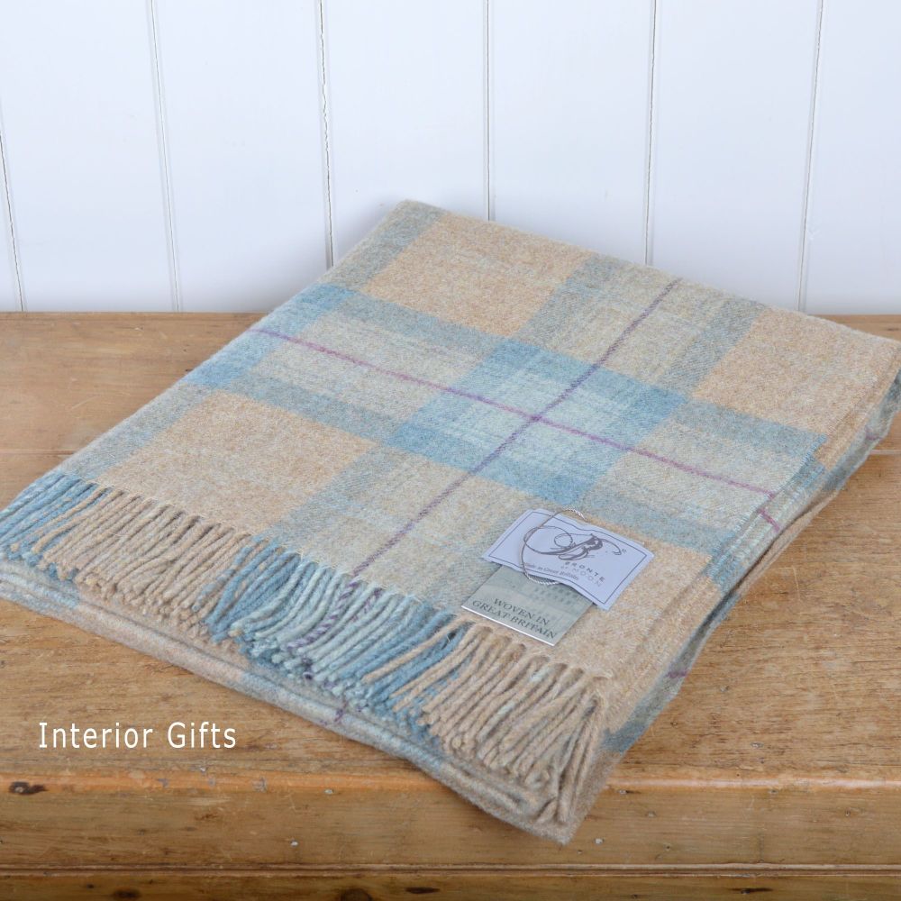 BRONTE by Moon Beige & Aqua Skye Check Throw in 100% Shetland Pure New Wool