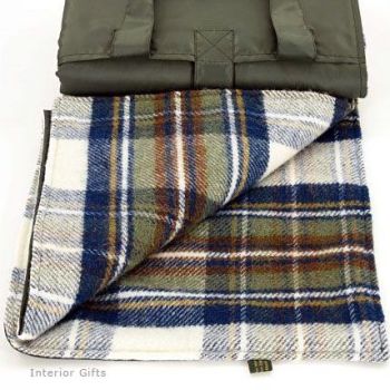 WATERPROOF Backed Wool Burghley Picnic Rug in Traditional Check with Integral Carry Strap