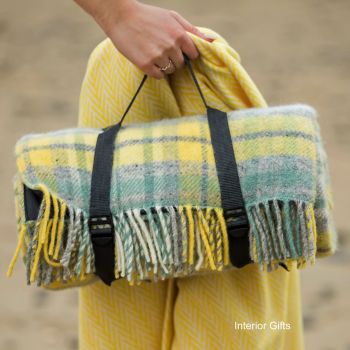 WATERPROOF Backed Wool Picnic DESIGNER Rug / Blanket Yellow & Green Multi  with Practical Carry Strap.