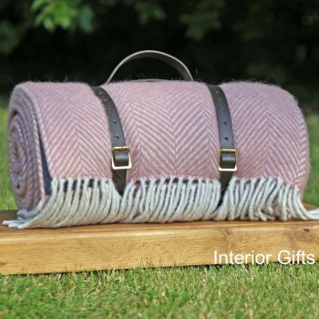 WATERPROOF Backed Wool Picnic Rug in Herringbone Dusky Pink with Leather Carry Strap
