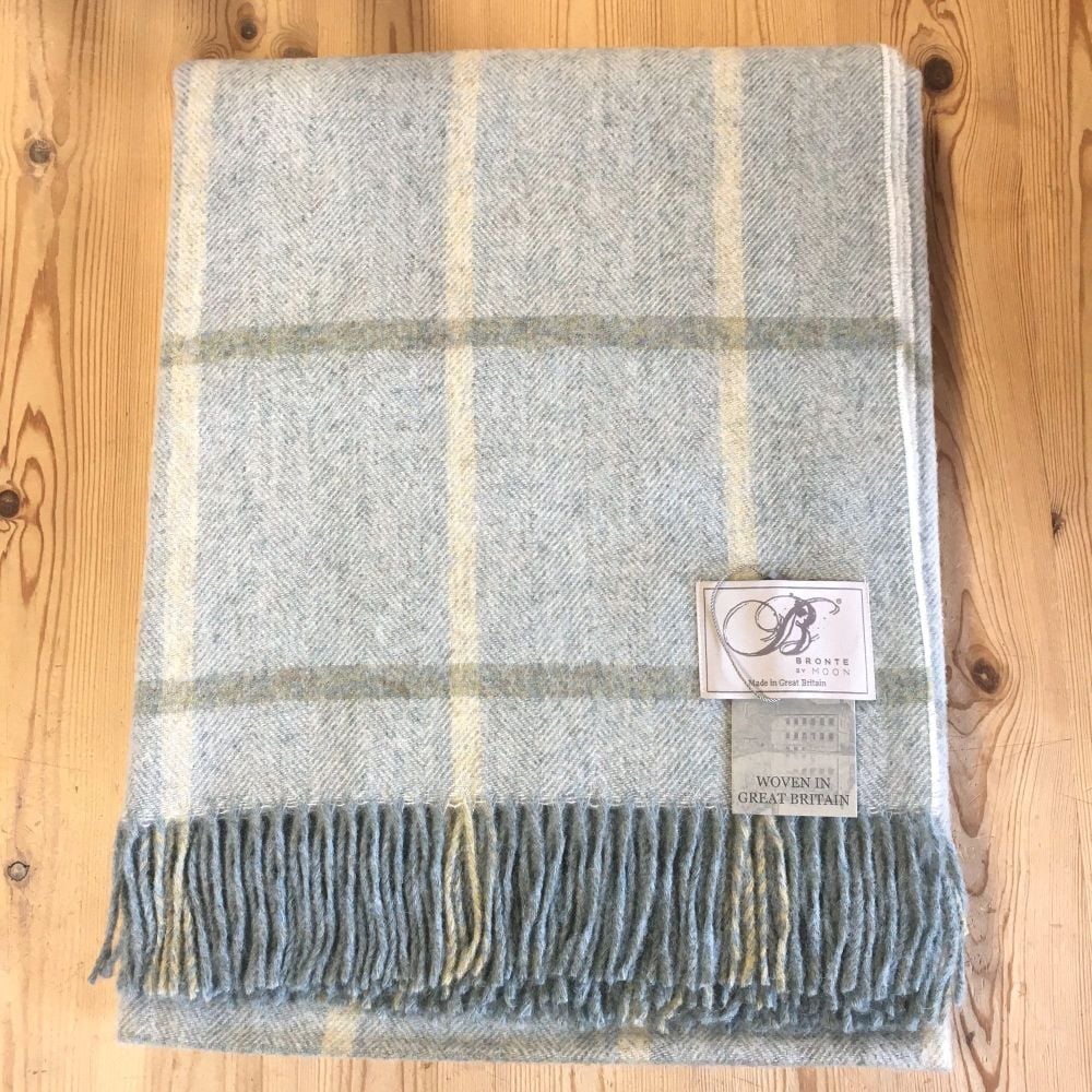 BRONTE by Moon Aqua Blue Windowpane Throw in 100% Shetland Pure New Wool 