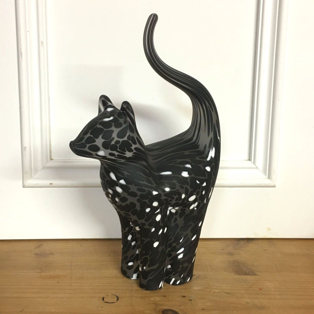 Glass Cat Sculpture Black and White Frosted Large - Handmade