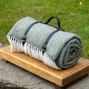 WATERPROOF Backed Wool Picnic Rug in Herringbone Olive Green with Leather Carry Strap