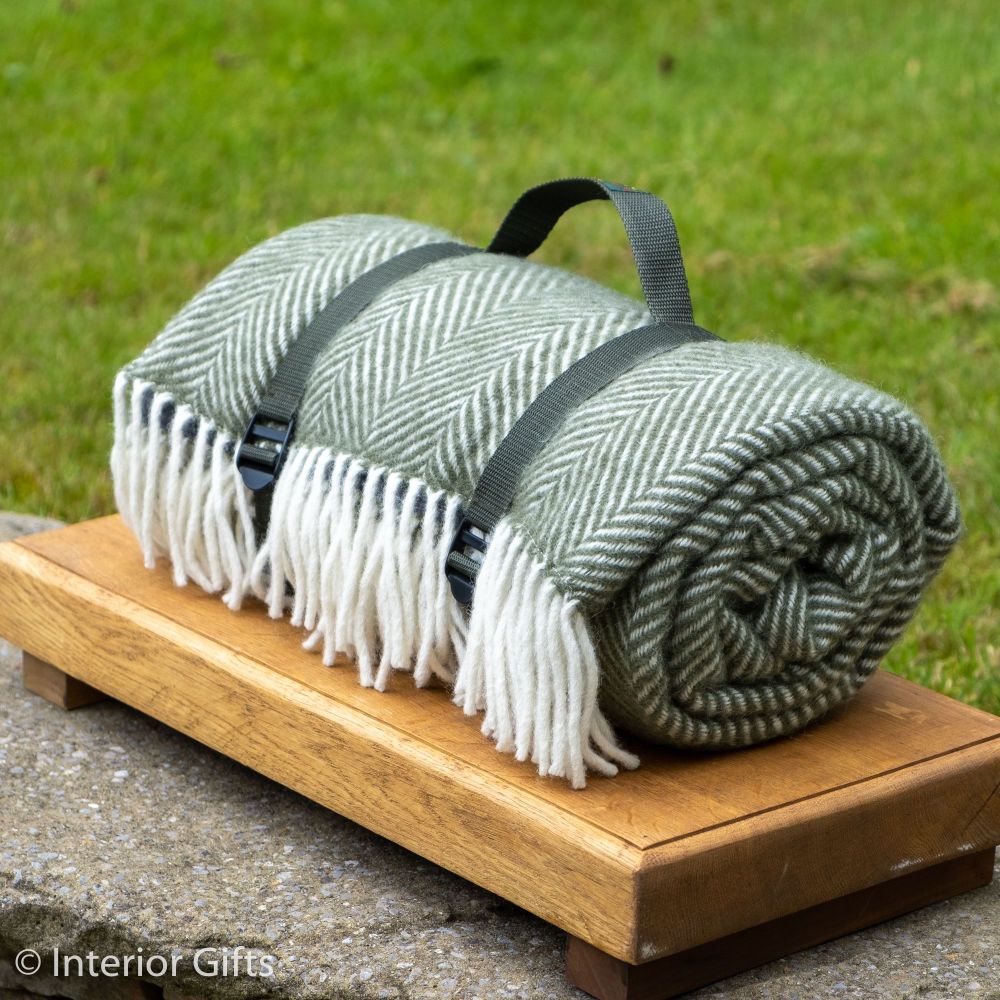 WATERPROOF Backed Wool Picnic Rug in Herringbone Olive Green with Practical