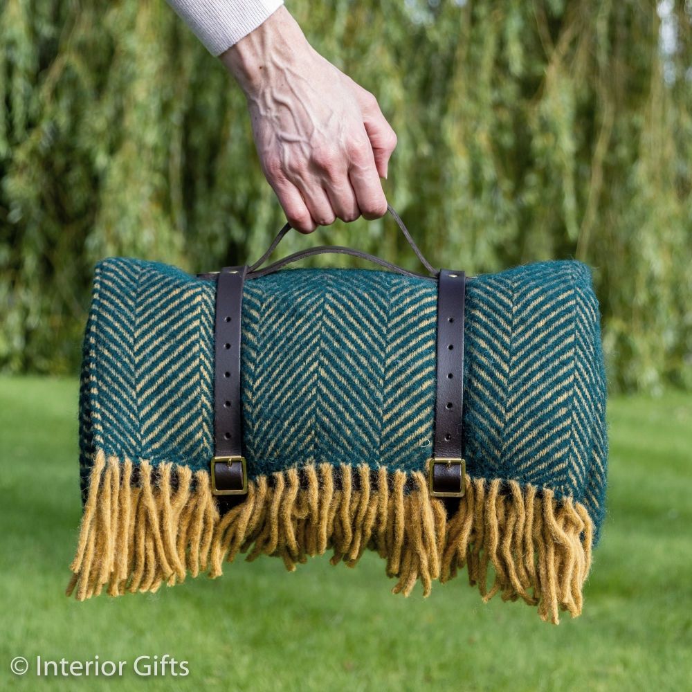 WATERPROOF Backed Wool Picnic Rug / Blanket in Herringbone Green & Lemon wi